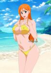  1girl alluring beach big_breasts bikini bleach breasts cleavage_cutout cutout darkuro_27 detailed_background female_only hands_on_own_chest inoue_orihime long_hair looking_at_viewer nipples ocean open_mouth orange_hair raydopesan sand sea water 