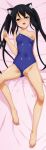  1girl animal_ears barefoot black_hair blush breasts brown_eyes cat_ears clothed_navel competition_school_swimsuit covered_navel covered_nipples dakimakura erect_nipples feet female highres k-on! long_hair long_image nakano_azusa nipples one-piece_swimsuit pussy pussy_juice saliva school_swimsuit smile solo spread_legs strap_slip sugimura_tomokazu swimsuit swimsuit_aside tall_image toes twintails uncensored 