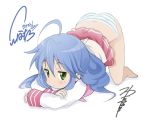  1girl all_fours blue_hair blush commentary_request female green_eyes izumi_konata long_hair lucky_star panties school_uniform simple_background sleeves_past_wrists solo striped striped_panties top-down_bottom-up underwear white_background yamasaki_wataru 