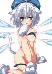  1girl animal_ears bikini bikini_around_one_leg bikini_lift blue_eyes blue_hair blush bottomless bow breasts cat_ears cat_paws cat_tail cirno cum cum_on_body cum_on_breasts cum_on_clothes cum_on_hair cum_on_lower_body cum_on_upper_body eyelashes facial female hair_bow highres ice ice_wings ma-yu naughty_face nipples paws short_hair small_breasts smile solo swimsuit tail tongue touhou wings 