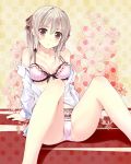1girl amagai_tarou bare_shoulders blonde_hair bow bra breasts brown_hair cleavage female grey_hair hair_bow heart heart_print highres large_breasts legs lingerie long_hair navel off_shoulder open_clothes open_mouth open_shirt original panties pink_eyes purple_eyes purple_hair shirt silver_hair sitting solo spread_legs twintails underwear