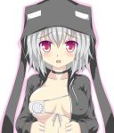  blush breasts cleavage enderman eyepatch female highres hood hoodie jacket minecraft noveske_n4 open_clothes open_jacket open_mouth personification red_eyes short_hair silver_hair solo 
