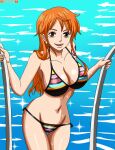  1girl alluring bare_legs big_breasts bikini darkuro_27 nami nami_(one_piece) one_piece orange_hair pool_ladder swimming swimming_pool tattoo wet 
