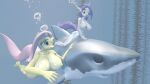 2girls 3d anthro barefoot belly_button big_breasts breasts bubble daemont92 feet fluttershy fluttershy_(mlp) friendship_is_magic great_white_shark hasbro holding_breath my_little_pony nipples nude ocean questionable rarity rarity_(mlp) shark skinny_dipping source_filmmaker swimming underwater water wet