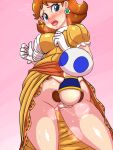 ass ass_focus backsack blue_eyes blush clothed_sex clothing dress dress_lift from_behind gown_lift insanely_hot kibazoku looking_down mario_(series) nintendo no_panties_under_skirt open_mouth penis_in_pussy pink_background princess_daisy sex sexy simple_background small_dom_big_sub sweatdrop sweating toad_(mario) vaginal vaginal_penetration white_gloves yellow_dress
