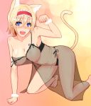  1girl :d alice_margatroid animal_ears babydoll barefoot black_panties blonde_hair blue_eyes blush breasts cat_ears cat_tail collarbone feet female hairband hanging_breasts jajao kemonomimi_mode large_breasts lingerie looking_at_viewer nipples open_mouth panties paw_pose puffy_nipples see-through short_hair side-tie_panties smile solo tail toes touhou underwear underwear_only 