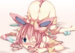  1girl animal_ears anthrofied artist_request ass back blue_eyes blush bottomless breasts dimples_of_venus humanized nude one_eye_closed open_mouth pink_hair pokemon pokemon_(game) pokemon_xy simple_background snowcanvas solo sylveon tail top-down_bottom-up white_background wink 