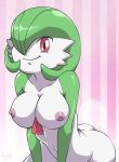  1_girl 1girl arm_support art ass big_breasts breasts cleavage female gardevoir large_breasts looking_at_viewer nintendo nipples pink_background pokemon poopysocks9 red_eyes smile solo striped striped_background 