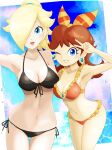 2_girls 2girls alluring asayakesunsun bikini black_bikini blue_eyes breasts brooch cleavage curvy duo earrings eyebrows_visible_through_hair female_only flipped_hair flower_earrings frilled_bikini frills ginger_hair hair_over_one_eye hairbow light-skinned_female light_skin lips looking_at_viewer mario_(series) mario_kart_8 medium_breasts nintendo one_eye_closed open_mouth orange_bikini parted_bangs platinum_blonde_hair ponytail princess_daisy princess_rosalina rosalina shoulder_length_hair size_difference smile smiling_at_viewer star_earrings string_bikini striped_hairbow super_mario_bros. swimsuit thick thick_hips thick_thighs thighs tied_hair v wide_hips