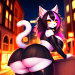  1girl ai_generated anthro ass back_view black_hair cat_bell cat_ears cat_tail catgirl cleavage cleavage_overflow collar feline female_only furry furry_female huge_ass huge_breasts looking_at_viewer miniskirt original original_character pink_highlights stockings thick_ass thick_thighs white_fur 