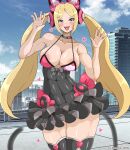  1girl 1girl alluring athletic_female big_breasts blonde_hair blue_eyes cleavage clothed female_abs fit_female lucky_chloe namco pin_up tekken xenomaniac 