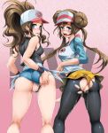  2girls blue_eyes blue_hair breasts censored_pussy creatures_(company) dawn_(pokemon) facing_away female_protagonist_(pokemon_bw2) game_freak hat hikari_(pokemon) hilda_(pokemon) humans_of_pokemon jean_shorts nintendo pokemon pokemon_(anime) pokemon_(game) pokemon_black_2_&amp;_white_2 pokemon_black_and_white pokemon_bw pokemon_bw2 pokemon_dppt torn_clothes touko_(pokemon) wet_pussy white_(pokemon) 