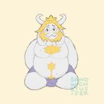  1:1 1:1_aspect_ratio 1boy 2020s 2023 alternate_version_available anthro anthro_only artist_name asgore_dreemurr beard blonde_hair boss_monster bulge bulge_under_clothes caprine crown floppy_ears furry furry_male furry_only goat goat_boy goat_ears goat_horns hands_behind_back hi_res high_res high_resolution highres horns kneel looking_away male male_anthro male_only mammal monster monster_boy penis_bulge sandwichstuffer simple_background solid_color_background solo_anthro solo_male topless topless_anthro topless_male twitter undertale undertale_(series) underwear underwear_only yellow_background 