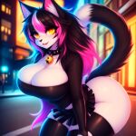  1girl ai_generated anthro black_hair cat_bell cat_ears cat_girl cat_tail catgirl cleavage cleavage_overflow collar feline female_only furry furry_female huge_ass huge_breasts looking_at_viewer miniskirt original original_character pink_highlights stockings thick_ass thick_thighs white_fur 