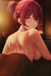 back bare_shoulders bed_sheet breasts hair_bun haro_art heterochromia hololive houshou_marine indoors irl large_breasts looking_at_viewer looking_back naked_sheet nude parted_lips red_eyes red_hair sideboob solo source: sweat virtual_youtuber yellow_eyes