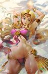  1girl alluring athletic_female bikini blonde_hair blue_eyes blush breasts circlet cutepet_(artist) female_abs fit_female forehead_jewel high_res looking_at_viewer magic multi-strapped_bikini nintendo ocean pointy_ears princess_zelda smile super_smash_bros. swimsuit the_legend_of_zelda the_legend_of_zelda:_a_link_between_worlds triforce water zelda_(a_link_between_worlds) 