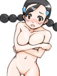  1girl arm arms arms_crossed babe bare_legs bare_shoulders big_breasts black_hair blush breasts brown_eyes candice candice_(pokemon) cleavage collarbone covering covering_breasts crossed_arms embarrassed female gym_leader hair hair_ornament large_breasts legs long_hair looking_at_viewer low_twintails mound_of_venus nakaba navel nintendo no_pussy nude open_mouth pokemon pokemon_(anime) pokemon_(game) pokemon_dppt shiny shiny_hair shy simple_background solo suzuna_(pokemon) tears white_background 