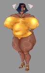 angry annoyed belly_bulge belly_expansion blue_hair brown_skin earrings egyptian egyptian_female gigantic_ass gigantic_breasts necklace tattoo yellow_eyes yoackeheim