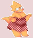 1girl 2020s 2022 adorable alphys anthro anthro_only aruput aruput_ut big_breasts blush breasts chubby chubby_anthro chubby_female cleavage cute dress embarrassed female_anthro female_only glasses lizard lizard_girl lizard_tail monster non-mammal_breasts pink_background polka_dot_clothing polka_dot_dress reptile reptile_girl reptile_tail scalie simple_background solo_anthro solo_female sundress sweat sweatdrop sweating tail undertale undertale_(series) undressing yellow_body yellow_skin