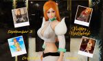 1girl 3d 3d_custom_girl_(game) arrancar big_breasts bleach bleach:_the_thousand-year_blood_war blue_eyes blunt_bangs blush breasts breasts_squeezed_together happy_birthday hetero high_res inoue_orihime inoue_orihime_(cosplay) legs long_hair looking_at_viewer very_long_hair