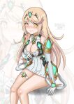  1girl 1girl alluring bare_legs bare_shoulders big_breasts blonde_hair blush breasts chascoby chest_jewel cleavage dress earrings gem gloves headpiece high_res jewelry long_hair looking_at_viewer mythra short_dress sitting swept_bangs tiara very_long_hair white_dress xenoblade_(series) xenoblade_chronicles_2 yellow_eyes 
