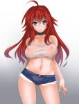  1girl ahoge bare_shoulders belly blue_eyes blush choker collarbone cutoffs gradient gradient_background hair hevn high_school_dxd huge_ahoge long_hair looking_at_viewer midriff navel nipples non-nude open_fly red_hair rias_gremory see-through shirt short_shorts shorts simple_background solo taut_clothes taut_shirt unzipped 