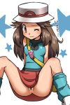  1_girl 1girl anus arm arm_support arms art artist_request babe bag bare_legs blue_(pokemon) blue_socks blush brown_eyes brown_hair embarrassed female hat legs long_hair looking_at_viewer neck nintendo no_panties pokemon pokemon_(game) pokemon_firered_and_leafgreen pokemon_frlg pussy red_skirt shiny shiny_clothes shiny_hair shiny_skin shirt shoes shy sitting skirt sleeveless sleeveless_shirt socks solo spread_legs star uncensored white_background wince 