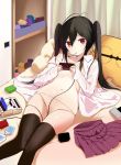 1girl ahoge bed black_hair black_legwear blush card cards controller eating food glasses looking_up lying lying_card on_back open_clothes original original_character panties pillow pocky pokemon red_eyes skirt solo thighhighs tsuzuri_(itosousou) twintails underwear