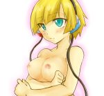  1girl aqua_eyes arm arms art babe bare_shoulders big_breasts blonde blonde_hair blue_eyes blush breasts cable cleavage clenched_hand clenched_hands elesa female frown gradient gradient_background gym_leader hair headphones highres kamitsure_(pokemon) large_breasts mijinko_(83nabe) neck nintendo nipples nude pixiv_thumbnail pokemon pokemon_(anime) pokemon_(game) pokemon_black_and_white pokemon_bw resized short_hair shy simple_background solo topless white_background 
