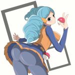  1girl ace_trainer_(pokemon) ass ayajou_issa belt bent_over blue_eyes blue_hair blush_stickers breasts covered_nipples drill_hair erect_nipples from_behind hair_ornament holding holding_poke_ball huge_ass large_breasts long_hair looking_back npc npc_trainer pantyhose pleated_skirt poke_ball pokemon pokemon_(game) pokemon_bw skirt solo twin_drills twintails v waist_poke_ball 