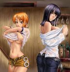  2girls ass bare_shoulders belt black_hair blush bottle breasts brown_eyes cup denim desk drinking_glass female jeans kagami_hirotaka large_breasts legs long_hair looking_at_viewer looking_back midriff miniskirt multiple_girls nami navel nico_robin one_piece open_mouth orange_hair pants parted_lips pencil_skirt see-through shirt short_hair skirt standing thighs underboob undressing wet wet_clothes wet_shirt wine_glass 