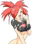  1girl asuna_(pokemon) bottomless breasts cum cum_in_mouth cum_on_arms cum_on_body cum_on_breasts cum_on_hair cum_on_upper_body facial flannery gym_leader happy naked_from_the_waist_down no_panties pokemon tongue 