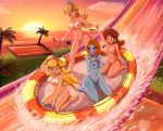 4_girls 4girls aqua_eyes arm arm_up arms art babe bare_legs bare_shoulders beach big_breasts blonde_hair blue_eyes blush breasts brown_hair cleavage clenched_hand cloud collarbone crown earrings erect_nipples eyeshadow female female_only grey_skin hair hair_over_one_eye hand_on_chest hand_on_own_chest happy highres holding inflatable_raft jewelry kneel kneeling large_breasts legs long_hair makeup midna multiple_girls navel neck nintendo ocean open_mouth orange_hair palm_tree princess_daisy princess_peach princess_rosalina raft red_eyes rosalina rosalina_(mario) sea sigurd_hosenfeld sigurdhosenfeld sitting sky slide smile splash splashing spoilers standing sun sunset super_mario_bros. super_mario_kart tattoo the_legend_of_zelda thighs tree twili_midna twilight twilight_princess wariza water water_slide waterslide wink yellow_sclera zenra