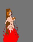 1girl bad_quality big_breasts brown_hair brown_nipples burning condorito condorito_(series) execution female_only fetish flames imminent_death loenror nude nude_female pain pussy screaming yayita