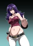 1girl alternate_hairstyle bare_shoulders belt bracelet breasts camisole casual come_hither cowboy_shot denim flipped_hair foreshortening groin gym_leader hands jeans jewelry large_breasts middle_finger midriff mound_of_venus natsume_(pokemon) navel nintendo pants pokemon pokemon_(game) pokemon_gsc pokemon_hgss purple_hair red_eyes satsuki_imonet smile solo unzipped 