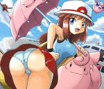._. 1girl alternate_costume ass bad_anatomy bent_over blue_eyes blue_panties boat breasts brown_hair cameltoe clefable cloud deoxys ditto ditto_face erect_nipples from_behind hand_on_hip hat hips jigglypuff leaf_(pokemon) leaning_forward long_hair looking_back oekaki open_mouth panties pantyshot pokemoa pokemon pokemon_(game) pokemon_firered_and_leafgreen pokemon_frlg pokemon_rgby pokemon_special ship sky smile soara strap_cleavage transformed_ditto umbrella underwear upskirt