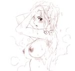  1girl breasts lowres monochrome nagi_raiun nami nami_(one_piece) nipples nude one_piece shower soap solo 