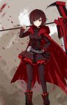 1girl belt boots breasts bullets cape clothed combat_skirt hood pouch red_eyes ruby_rose rwby scythe short_hair 