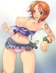  1girl bangle belly bracelet breasts breasts_out_of_clothes breasts_outside hair jewelry large_breasts log_pose midriff nami nami_(one_piece) navel nipples one_piece orange_hair panties pantyshot shiny_skin short_hair skirt solo surprise surprised tattoo topless underwear upskirt wardrobe_malfunction yoko_juusuke 