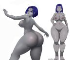 1girl aeondud ass barefoot breasts dat_ass dc_comics feet grey_skin hand_on_hip hips huge_ass huge_breasts looking_at_viewer looking_back navel nipples nude purple_eyes purple_hair pussy rachel_roth raven_(dc) short_hair sideboob simple_background standing teen_titans thick_thighs thighs white_background wide_hips 
