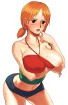  1girl blush breast_slip breasts halter_top halterneck huge_breasts jean_shorts large_breasts midriff momo_moto nami_(one_piece) nipples one_breast_out one_piece one_piece:_strong_world orange_hair red_eyes short_hair short_shorts short_twintails shorts simple_background solo straw_hat_pirates sweat tattoo twintails white_background 