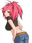  1girl absurd_res absurdres alluring arm arms art ass asuna_(pokemon) back belt big_breasts breasts butt_crack crop_top denim female flannery from_behind gym_leader high_res highres jeans leaning leaning_forward long_hair looking_at_viewer looking_back midriff nintendo nuana pants pink_eyes pink_hair pokemon pokemon_(anime) pokemon_(game) pokemon_rse ponytail red_eyes red_hair simple_background smile solo white_background 