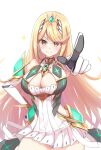 1girl alluring big_breasts blonde_hair cleavage cleavage_cutout clothing_cutout high_res mythra nintendo okazu2010015 pointing pointing_at_viewer solo xenoblade_(series) xenoblade_chronicles_2 yellow_eyes