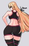  1girl 1girl 1girl alluring alternate_costume ass back_view backboob bare_arms big_ass big_breasts blonde_hair blue_eyes boots breasts clarisse_(fire_emblem) female_only fire_emblem fire_emblem:_new_mystery_of_the_emblem from_behind grey_background long_hair looking_at_viewer looking_back nintendo shorts sportswear tank_top thigh_high_boots very_long_hair vinegar_juri 