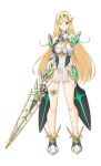 1girl alluring armor bare_shoulders big_breasts blonde_hair cleavage dress female_only full_body gloves headgear high_res jewelry long_hair looking_at_viewer mythra nintendo one_eye_closed saruno_(eyesonly712) simple_background smile solo_female sword thigh_strap weapon white_background xenoblade_(series) xenoblade_chronicles_2 yellow_eyes