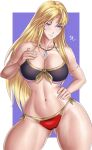  1girl 1girl 1girl alluring alternate_costume arcedo ass_visible_through_thighs bare_thighs big_breasts bikini black_bikini blonde_hair bronze_felix clarisse_(fire_emblem) cleavage commission commission_art female_only fire_emblem fire_emblem:_new_mystery_of_the_emblem grin long_hair nintendo pointy_chin purple_eyes red_bikini smile swimsuit thick_thighs thighs very_long_hair 