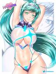 1girl alluring big_breasts bikini etchimune green_hair hair_ornament hands_behind_head latex long_hair looking_at_viewer nintendo one-piece_bikini pneuma_(xenoblade) ponytail posing smiling_at_viewer swimsuit transparent_clothing under_boob xenoblade_(series) xenoblade_chronicles_2