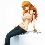  1_girl 1girl arm arms art artist_request babe bare_shoulders big_breasts bracelet breasts collarbone earrings female head_tilt jeans jewelry large_breasts long_hair looking_at_viewer mound_of_venus nami navel neck nipples one_piece orange_eyes orange_hair pants serious shadow sitting solo tattoo topless 