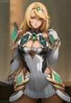  1girl alluring big_breasts blonde_hair cleavage female_only flowerxl legs mythra nintendo smiling_at_viewer xenoblade_(series) xenoblade_chronicles_2 yellow_eyes 