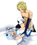  1boy 1girl bed blonde_hair breasts closed_eyes clothed_sex fairy_tail flower hair hair_flower hair_ornament missionary moaning open_mouth sex short_hair sting_eucliffe vaginal white_hair yukino_aguria 